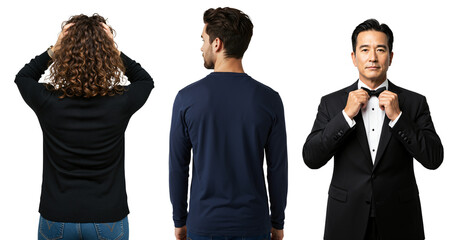 An elegant Asian man in a tuxedo adjusts his bow tie, contrasted with two people seen from the back.