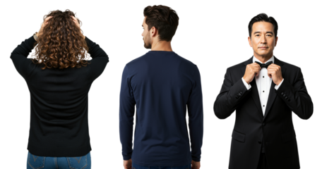 An elegant Asian man in a tuxedo adjusts his bow tie, contrasted with two people seen from the back.