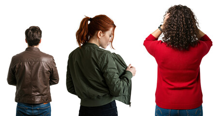 Group of three people seen from behind on a transparent background. A man and two women showing different poses and emotions like stress and introspection.