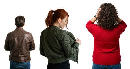 Group of three people seen from behind on a transparent background. A man and two women showing different poses and emotions like stress and introspection.