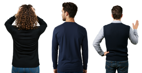 A collage of three people from behind against a transparent background. A frustrated woman with curly hair and two men in different poses. Rear view concept.