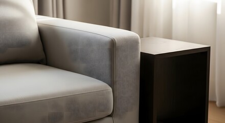 Close-up of gray armchair with side table and soft curtains