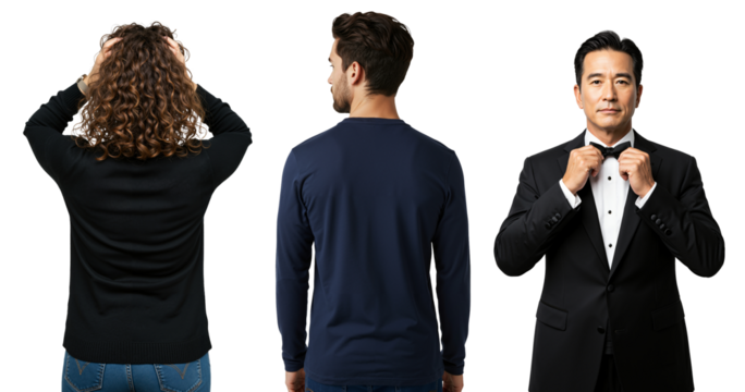 An elegant Asian man in a tuxedo adjusts his bow tie, contrasted with two people seen from the back.