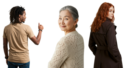 A diverse group of people looking back over their shoulders. A young Black man, a senior Asian woman, and a young Caucasian woman against a transparent background.
