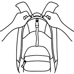 Person zipping up a backpack in outline illustration, emphasizing hands and backpack. Person zipping up a backpack with simplified lines and clean design showcases closure detail.
