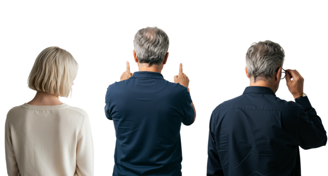 Rear view of a blonde woman and a gray-haired man in different poses. Man pointing up and adjusting something by his ear, isolated on transparent background. - Powered by Adobe