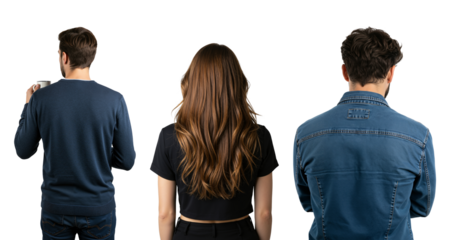 Back view of a group of three young adults. Two caucasian men and a woman in casual clothes isolated on a transparent background.