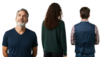 Thoughtful mature man looking up while two people turn their backs. A conceptual image about different perspectives, relationships, and individuality.