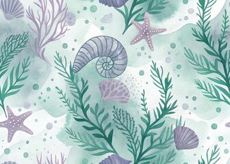 Watercolor seamless pattern of purple starfish and green seaweed with shells