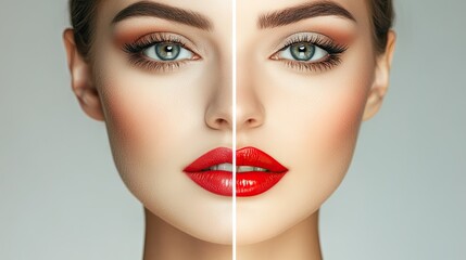 Comparison of facial makeup application on a female model.