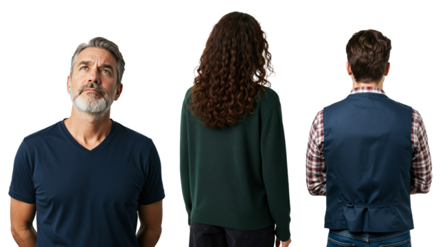 Thoughtful mature man looking up while two people turn their backs. A conceptual image about different perspectives, relationships, and individuality. - Powered by Adobe