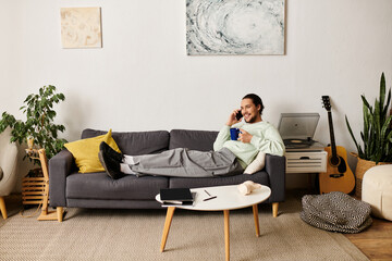 Young man relaxing at home while enjoying a phone conversation with a warm drink in hand