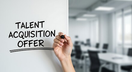 Talent acquisition offer is written on a whiteboard by a hand in a modern office setting...