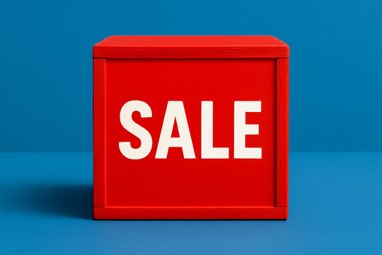 Red sale label with bold percentage sign next to shopping basket icon representing discount deal price reduction promotion retail marketing limited time offer customer savings or store clearance conce