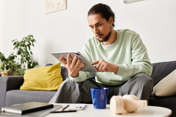 Young handsome man engaged with tablet at home enjoying a quiet moment of relaxation