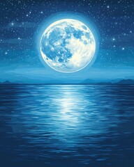 Full Moon Rising Over Dark Blue Ocean with Starry Sky, Tranquil Night