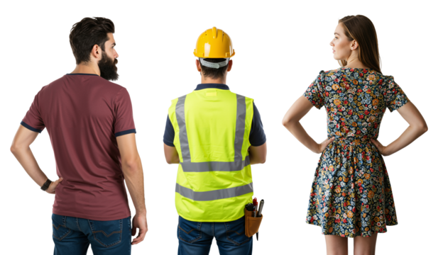 Rear view of a bearded man, a construction worker, and a woman standing together. Diverse group of people from different professions looking away on a transparent background.