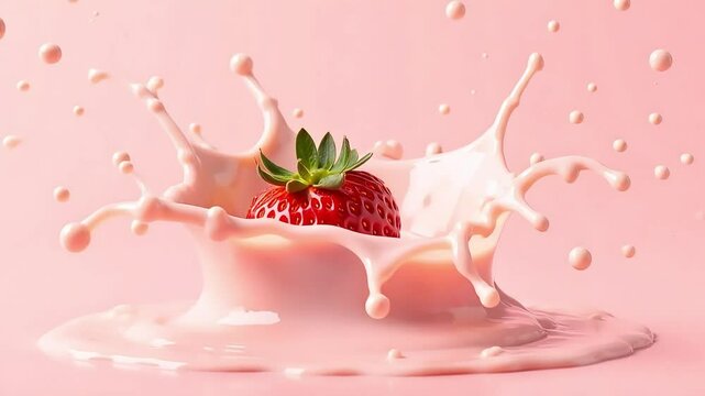 A vibrant strawberry drops into creamy yogurt, creating a splash, perfect for food advertisements, desserts, or healthy snack visuals, with a visually appealing red fruit and pink liquid.