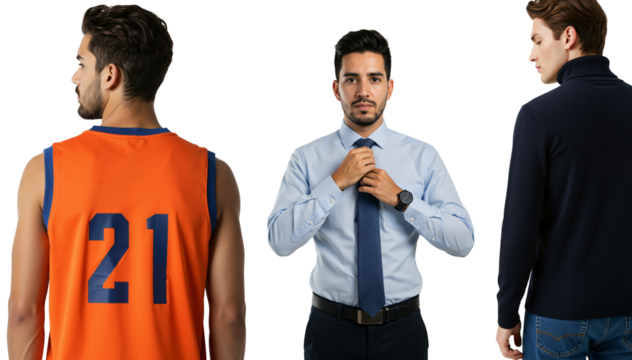 21. Composite image of three diverse men representing different lifestyles. A basketball player, a businessman adjusting his tie, and a man in a casual turtleneck sweater.