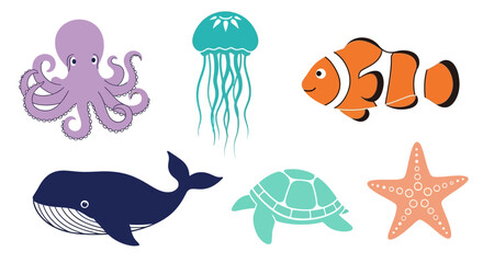 Fototapeta premium Vector ocean animals illustration featuring octopus jellyfish clownfish whale turtle and starfish drawing design vector