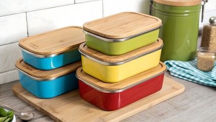 Stack of Reusable Lunch Tins with Wooden Lids in Various Colors,plastic, paint, container, colorful, stack, book, cup, barrel, color, paper, yellow, pile, education, bucket, 