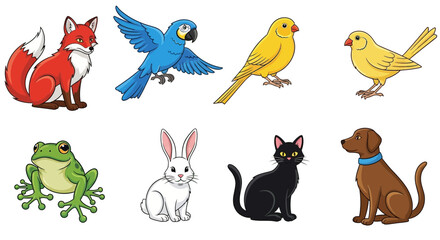 Naklejka premium Vector cartoon animal illustration featuring a fox, parrot, canary, frog, rabbit, cat, and dog vector image