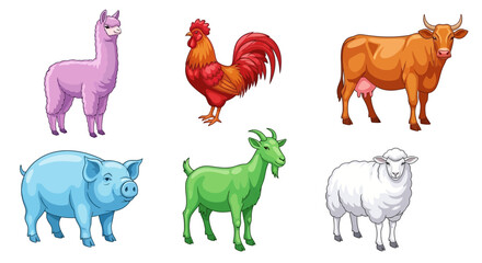 Fototapeta premium Vector cartoon farm animals illustration featuring cow goat pig sheep rooster and llama vector graphic design