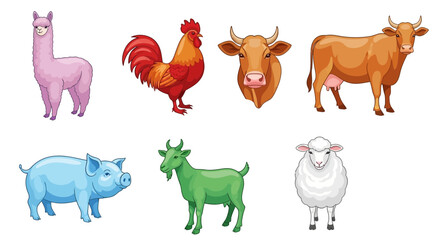 Naklejka premium Vector illustration of farm animals including cow, sheep, pig, goat, rooster and llama vector graphics image
