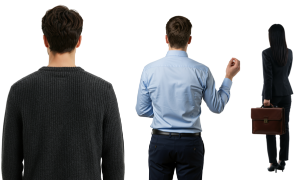Back view of two men and one woman standing. Professional and casual people isolated on black for business concepts.