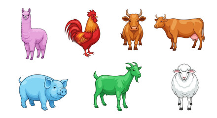 Fototapeta premium Vector illustration of farm animals including cow pig goat sheep rooster and llama vector graphic design