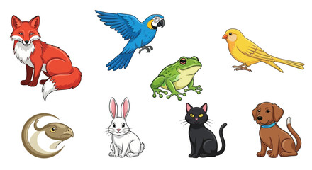 Fototapeta premium Vector cartoon animals illustration featuring fox parrot frog canary eagle rabbit cat and dog vector art for kids
