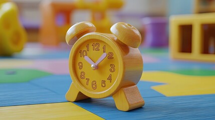 Close-up of a vibrant yellow alarm clock on a colorful play mat.