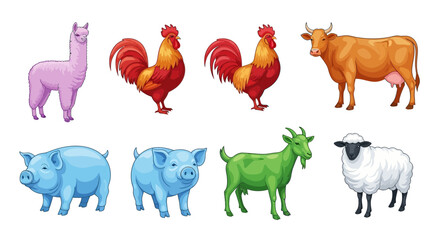 Naklejka premium Vector farm animals illustration featuring cow, pig, sheep, goat, rooster and llama vector artwork design