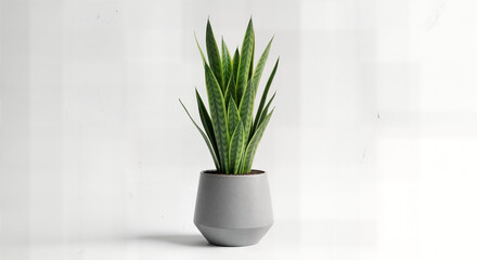 Modern Indoor Snake Plant (Sansevieria) in a Stylish Grey Pot on White Background - Elegant, Low-Maintenance Houseplant for Contemporary Home and Office Decor, Air Purifying Plant for Healthier Living