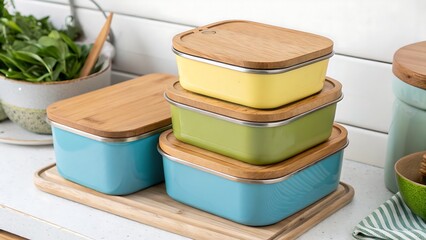 Stack of Reusable Lunch Tins with Wooden Lids in Various Colors,isolated, red, green, color, white, blue, colorful, container, plastic, yellow, object, 