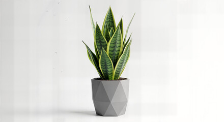 Contemporary Indoor Snake Plant (Sansevieria) in a Modern Geometric Gray Pot on White Background - Elegant Low-Maintenance Houseplant for Stylish Home and Office Decor, Air Purifier for Healthy Living