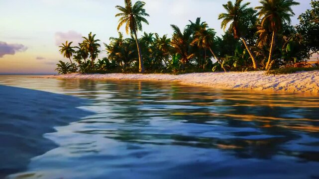 Sungai estuary tropis pagi hari, pasir putih di tepi, sinar oranye, Realistis, 3D look (cinematic), Statis (kamera diam), Smooth (gerakan tidak tersendat), 4K resolusi, Loopable seamless
