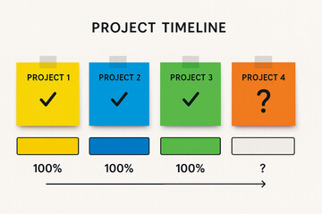 Colorful sticky notes arranged in clear project timeline showing step by step workflow task progress milestone planning scheduling goal tracking productivity work organization and business management 