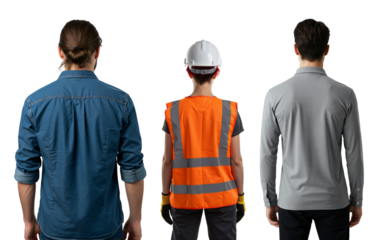 Rear view of three diverse workers representing different professions. A man in a denim shirt, a female construction worker, and a man in a polo shirt.