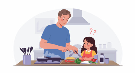 Father teaching his daughter how to cook in a kitchen.