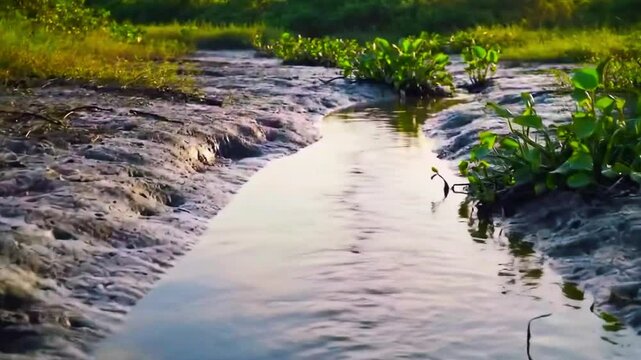 Sungai kecil di padang lumpur tropis, vegetasi air, sinar lembut, Realistis, 3D look (cinematic), Statis (kamera diam), Smooth (gerakan tidak tersendat), 4K resolusi, Loopable seamless