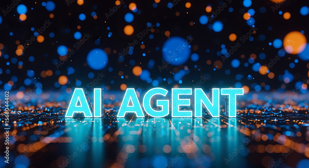 Aufkleber artificial intelligence agent glowing neon text concept against a futuristic abstract background