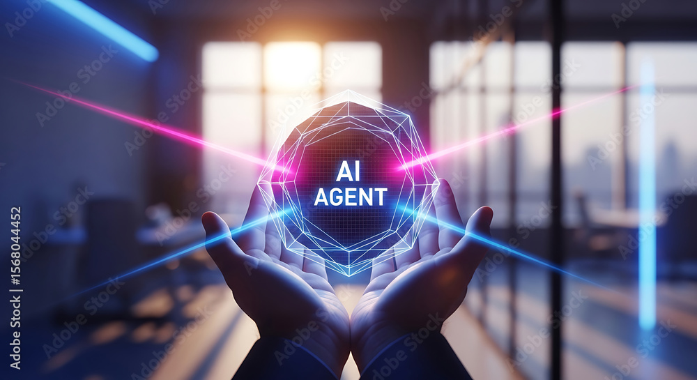 Aufkleber artificial intelligence agent symbolized by glowing lines and hands in modern office setting