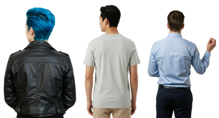 Back view of three diverse young men standing together. A man with blue hair in a leather jacket, a man in a casual t-shirt, and a man in a business shirt.