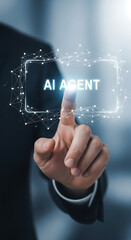 Businessperson's finger touching ai agent interface representing artificial intelligence technology
