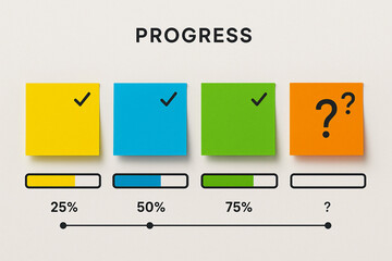 Set of sticky notes showing progress status from start to finish symbolizing project timeline task completion work plan productivity workflow checklist or milestone tracker for modern business visuals