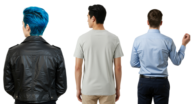 Back view of three diverse young men standing together. A man with blue hair in a leather jacket, a man in a casual t-shirt, and a man in a business shirt. - Powered by Adobe