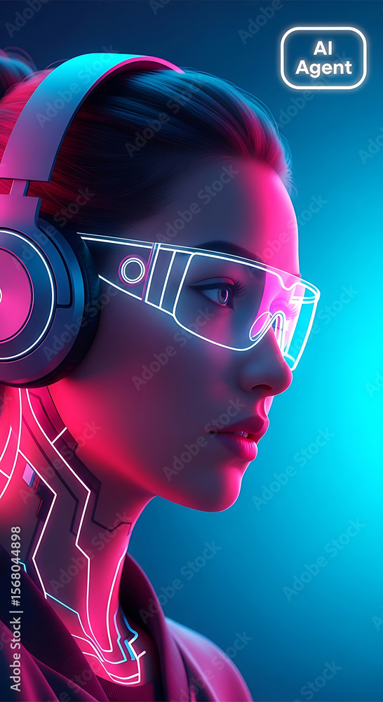 Aufkleber futuristic ai agent portrait with neon cyberpunk glow and technology elements in profile view