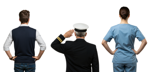 Rear view of a civilian, a saluting naval officer, and a nurse. A concept image representing different professions and service.
