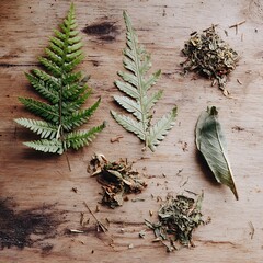 Dried Herbs and Ferns on Wooden Background